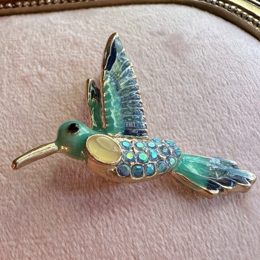 Turquoise, Blue & Yellow Hummingbird Brooch Pin Crystals Rhinestones & Enamel - Picture 3 of 12